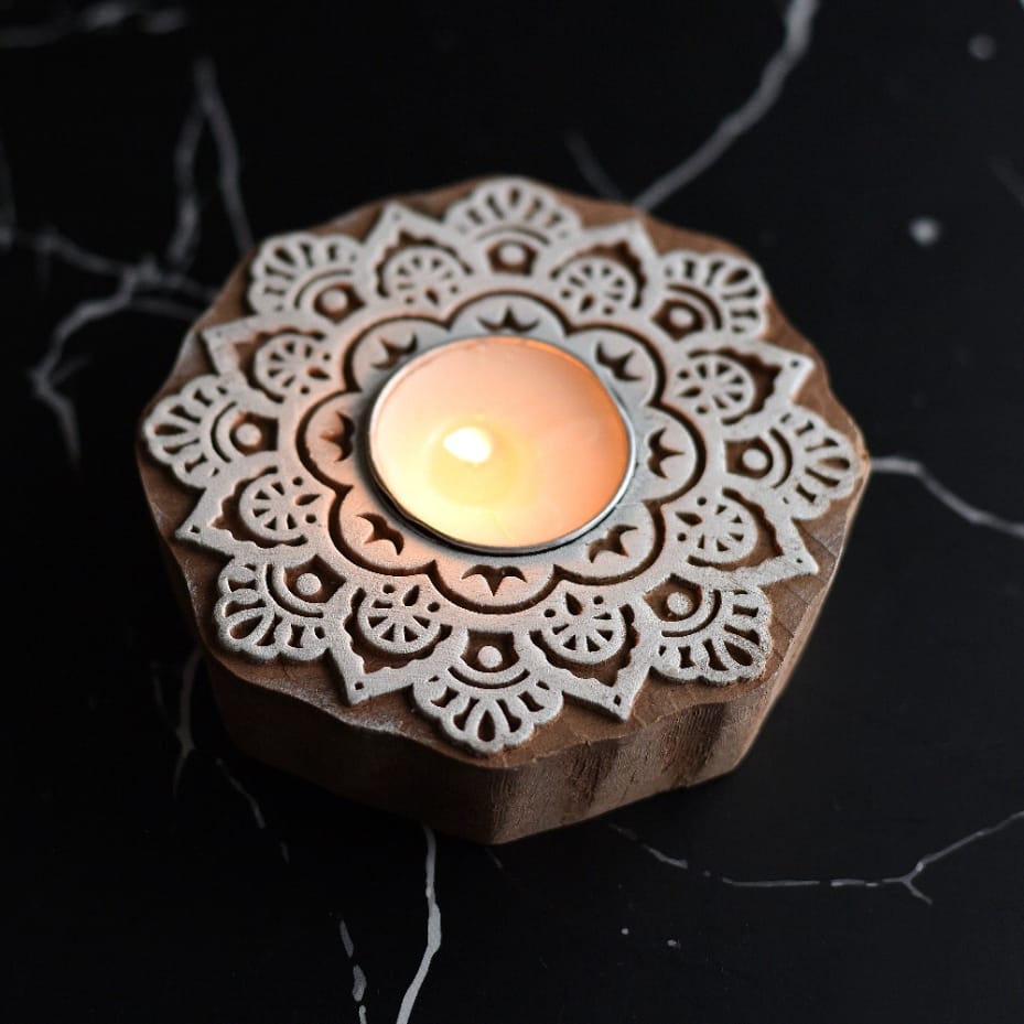 Aesthetic Living Surajmukhi Wooden T- Light Holder