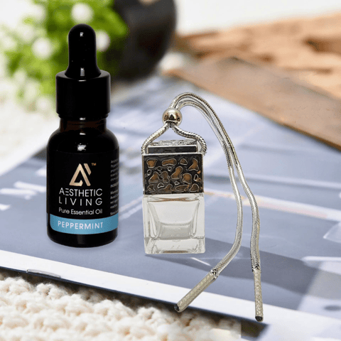 Aesthetic Living  Car Aromatizer/ Diffuser Bottle with Essential Oil (Square gold/silver shape 10 ml + Essential oil 15 ml)