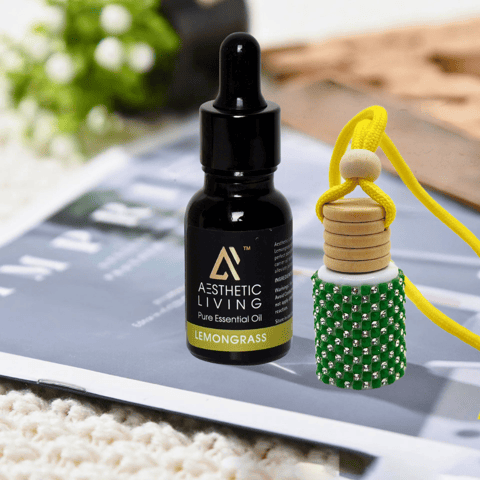 Aesthetic Living Car Aromatizer Diffuser Bottle with Essential Oil (Studded bottle -12ml + Essential oil- 15ml)