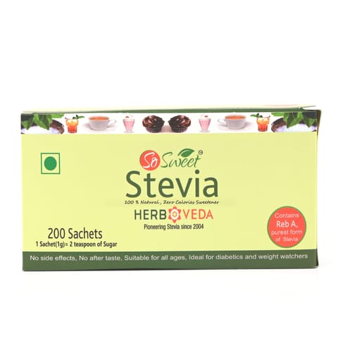 So Sweet Stevia Sugar Free Sachet 100% Natural Zero Calorie Sweetener |200 Sachet | Diabetic Safe