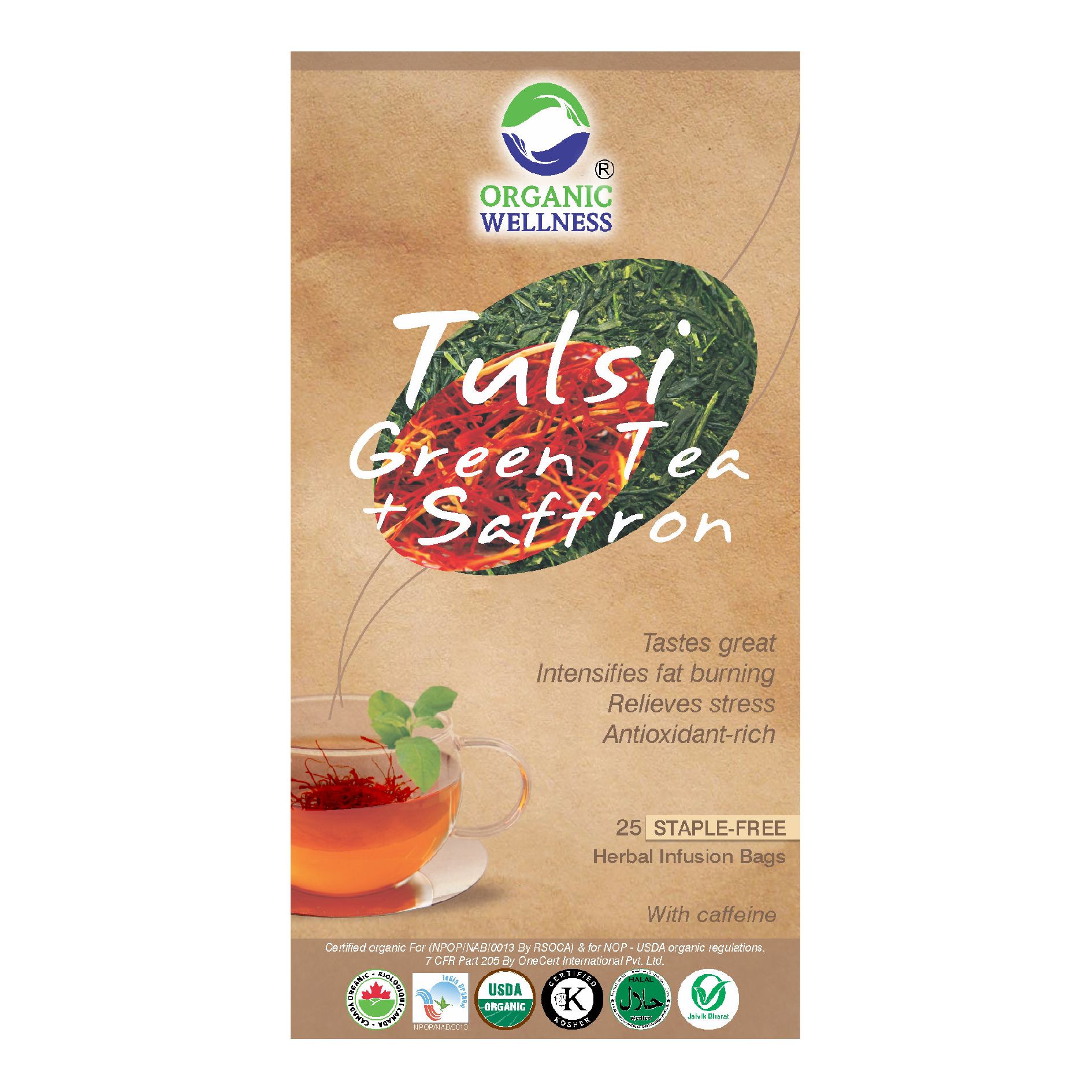 Organic Wellness Tulsi Green Tea + Saffron 25 Tea Bags