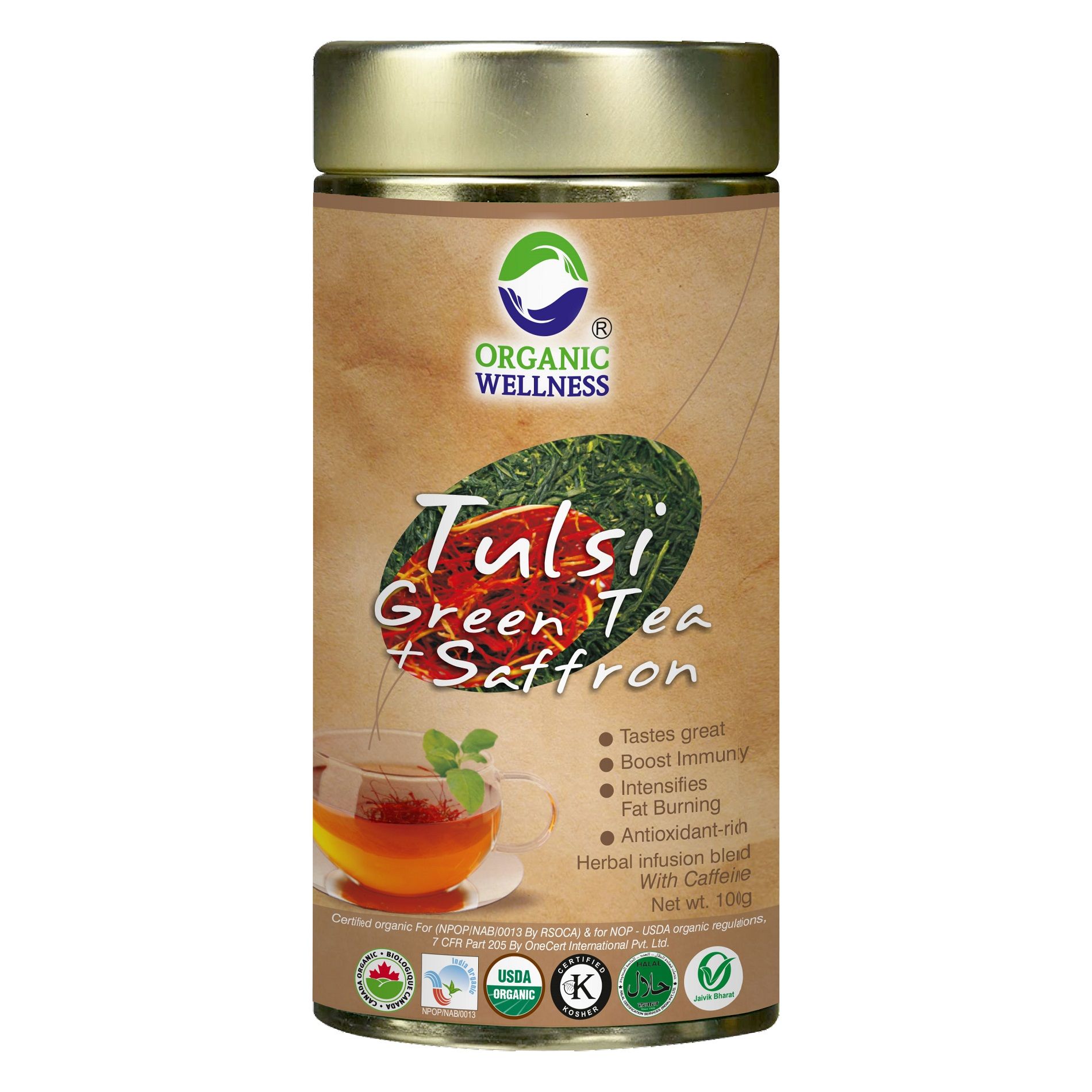 Organic Wellness Tulsi Green Tea + Saffron Tin Pack 100 Grams