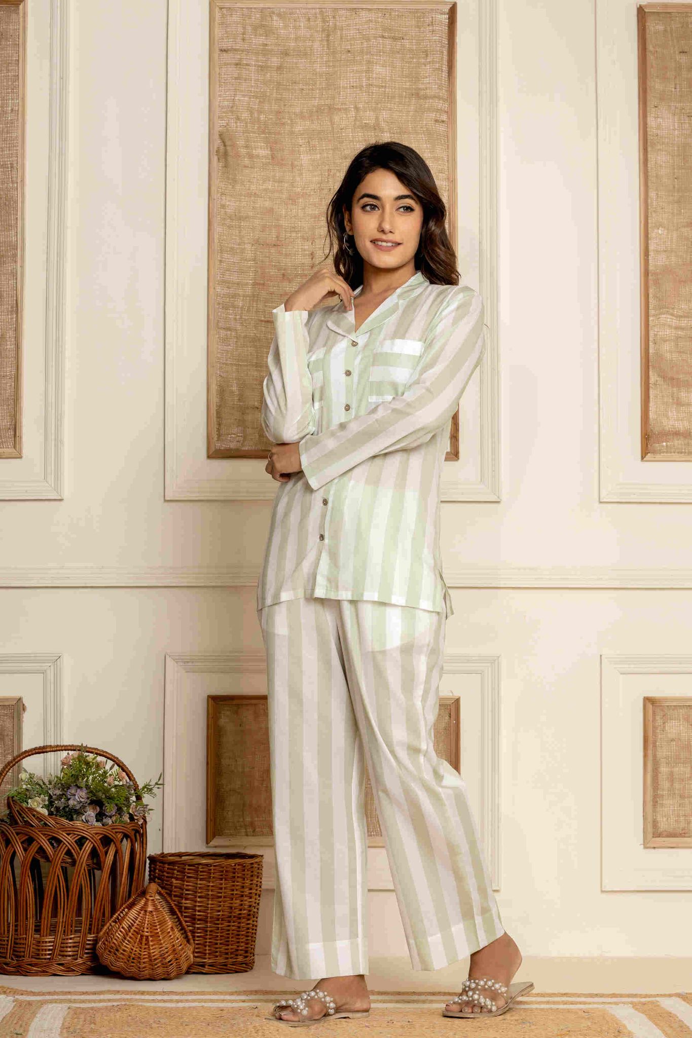 Paizlie Sage Stripes Sleepwear | 100% Cambric Cotton | Women