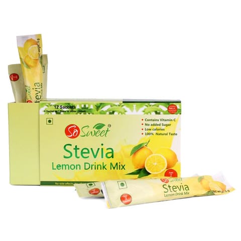 So Sweet Stevia Lemon Instant Drink Mix Sugar Free | Zero Calories| Enrich with Vitamin C | 12 Sachets