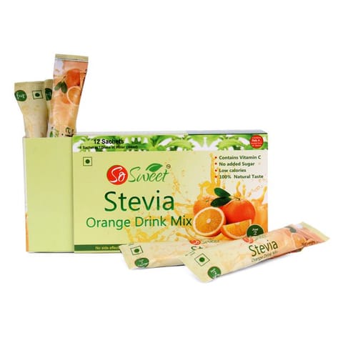 So Sweet Stevia Orange Instant Drink Mix Sugar Free | Zero Calories| Enrich with Vitamin C | 12 Sachets