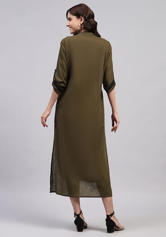 Nidraa Front Open Shirt Dress with Wooden Buttons & Contrast Trimmings | Cotton