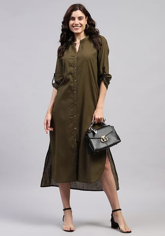 Nidraa Front Open Shirt Dress with Wooden Buttons & Contrast Trimmings | Cotton