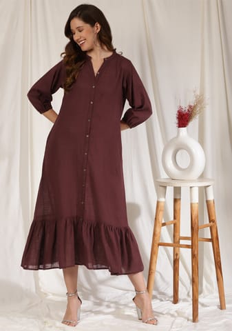 Nidraa Long Dress with Gathered Hemline | Cotton