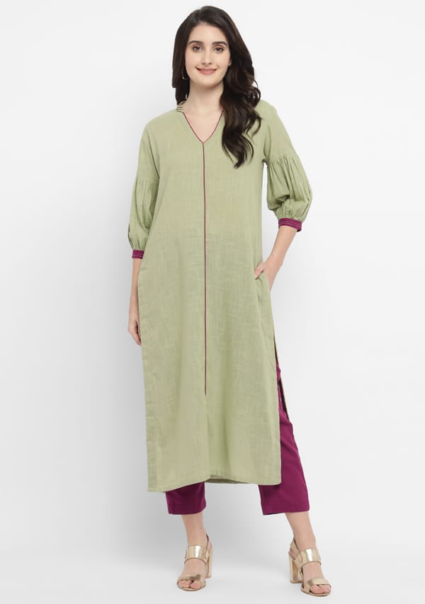 Nidraa Co-ord Set with Contrast Wine Pants & Gold Trimmings | Cotton | Pista Green