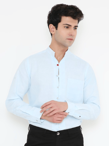 Moon N Lotus Asian Collar -  Cotton Hemp Blue  Shirt